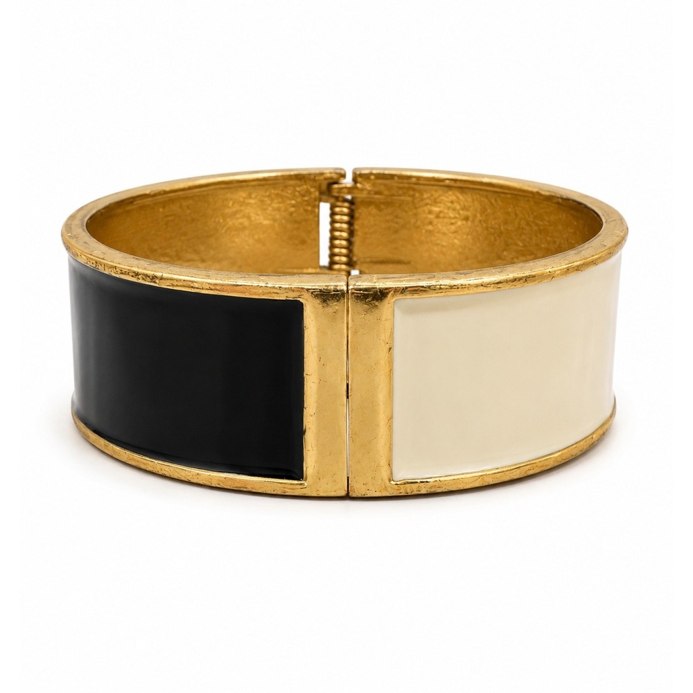Vintage Black Cream Enamel Hinged Bangle Gold Tone Wide Bracelet